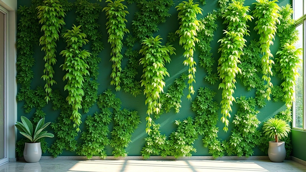 جدار شرفة مغطى بنباتات معلقة خضراء كثيفة، تصميم حديث نظيف